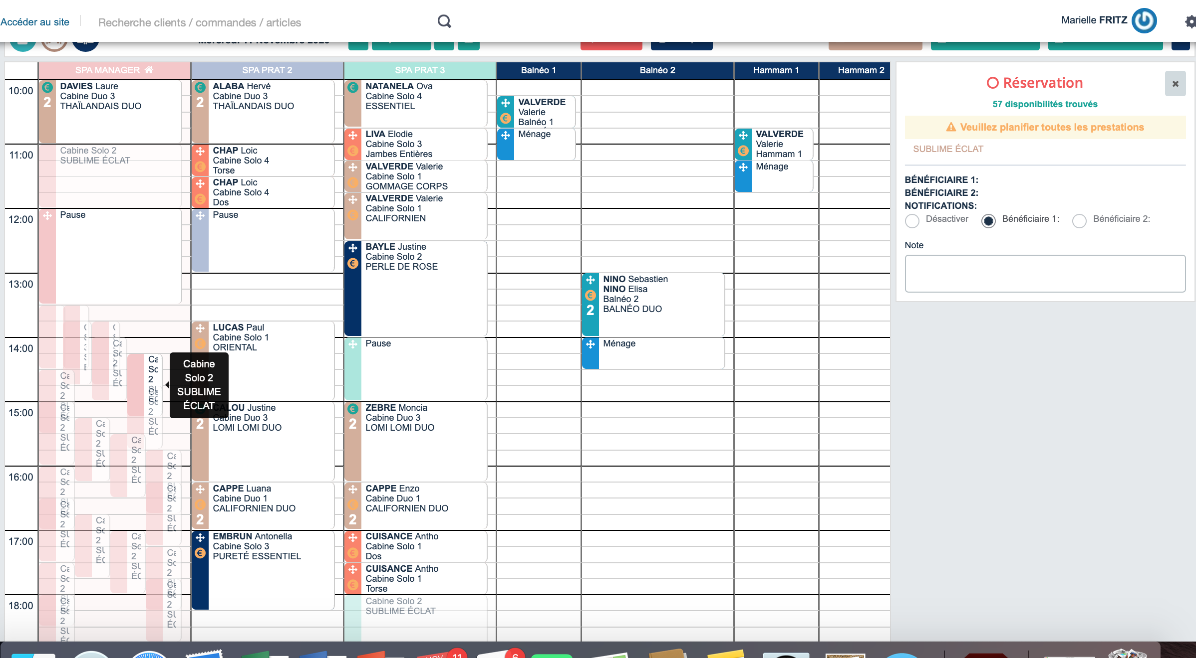 Planning de la journée avec le détail de chaque prestation (prat, cabine, horaire, identification du client ...)