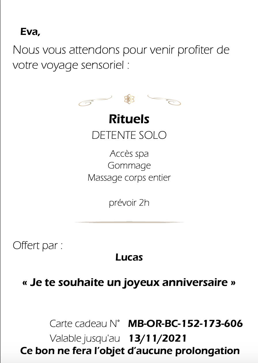 Exemple d'un bon cadeau fait directement sur le point de vente